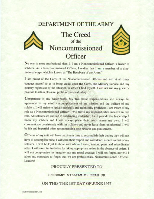 NonCommissioned Officers Creed, Army