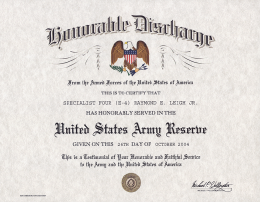 US Army Reserve Honorable Discharge Certificate