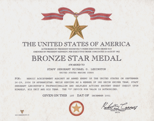 Bronze Star Replaement Certificate