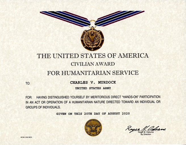 Civilian Humanitarian Service Award Certificate