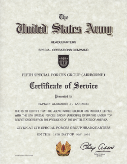 US Special Forces Certificate of Service US Special Forces Certificate of Service