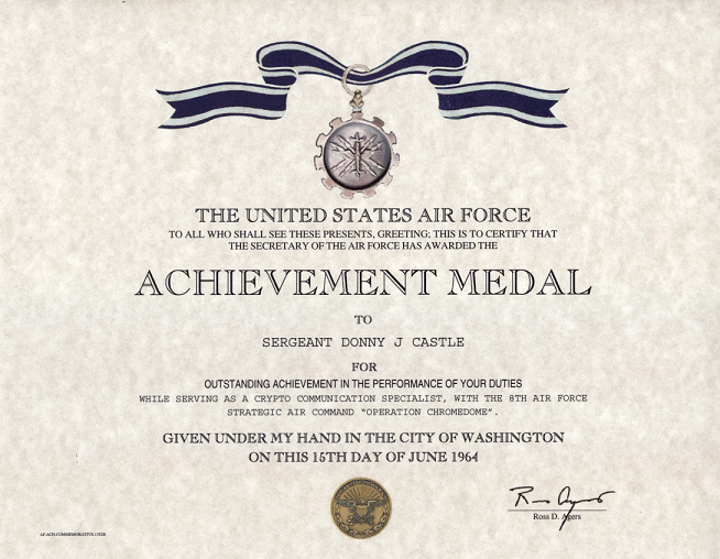 Air Force Achievement Medal Certificate Air Force Achievement Medal 