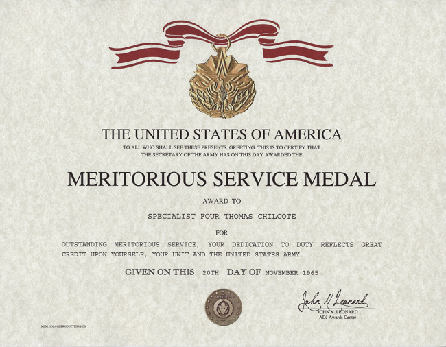 Meritorious Service Medal Certificate, replacement certificate