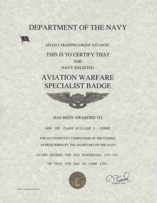Navy Aviation Warfare Specialist certificate